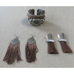Boho Rhinestone Cuff Watch & Tassel Earrings Set Statement Glam Brown Silver